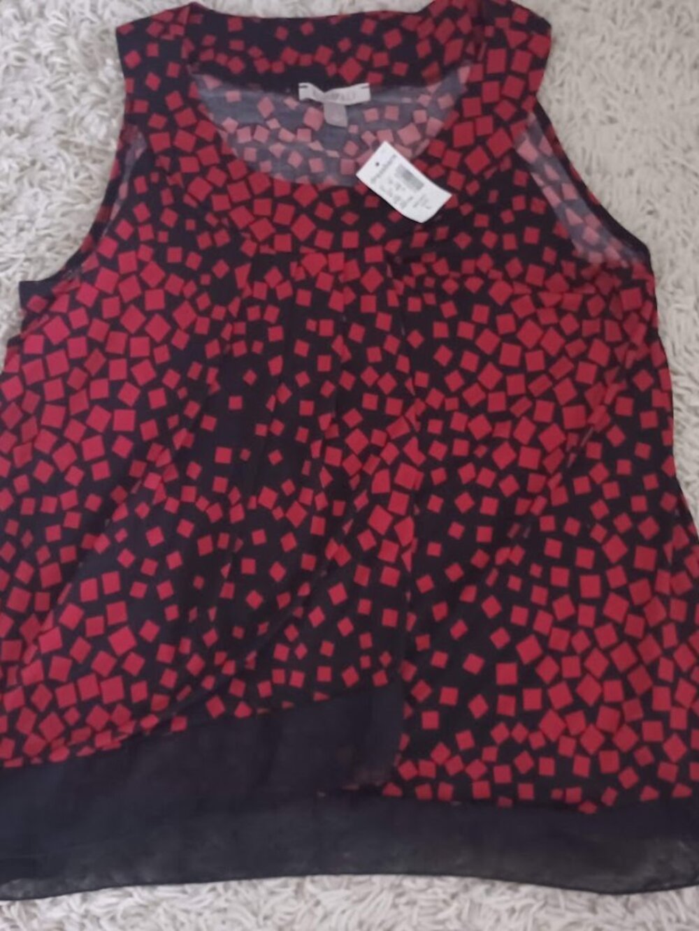 Roz & Ali Dressbarn Top Womens L NWT Red Black Geometric Asymmetrical Tunic